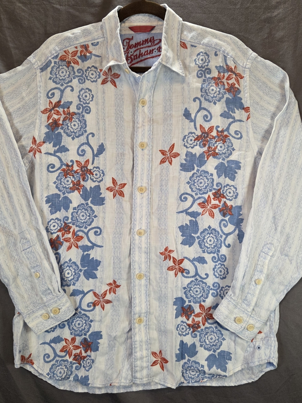 Tommy Bahama Mens Medium 100% Linen Long Sleeve Floral Stripe Shirt Blue Red
